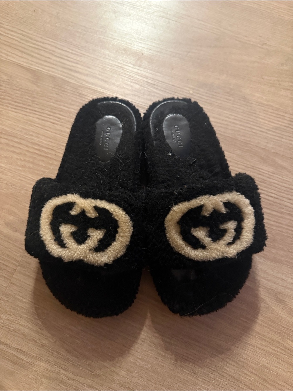 Gucci Black Fuzzy Slide Sandals with Cream GG Patch